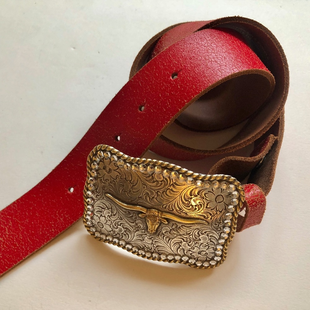 Longhorn Belt Buckle with Removable Red Distressed Leather Belt